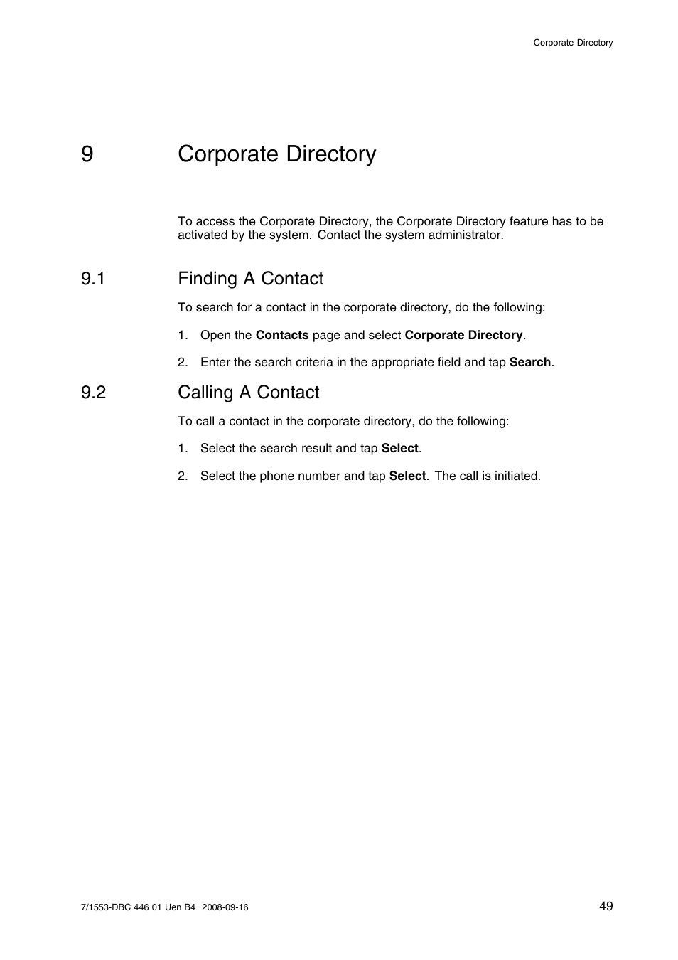 9 corporate directory, 1 finding a contact, 2 calling a contact | Corporate directory, Finding a contact, Calling a contact, 9corporate directory | AASTRA 7446ip (5446ip) for MD Evolution User Guide EN User Manual | Page 55 / 106