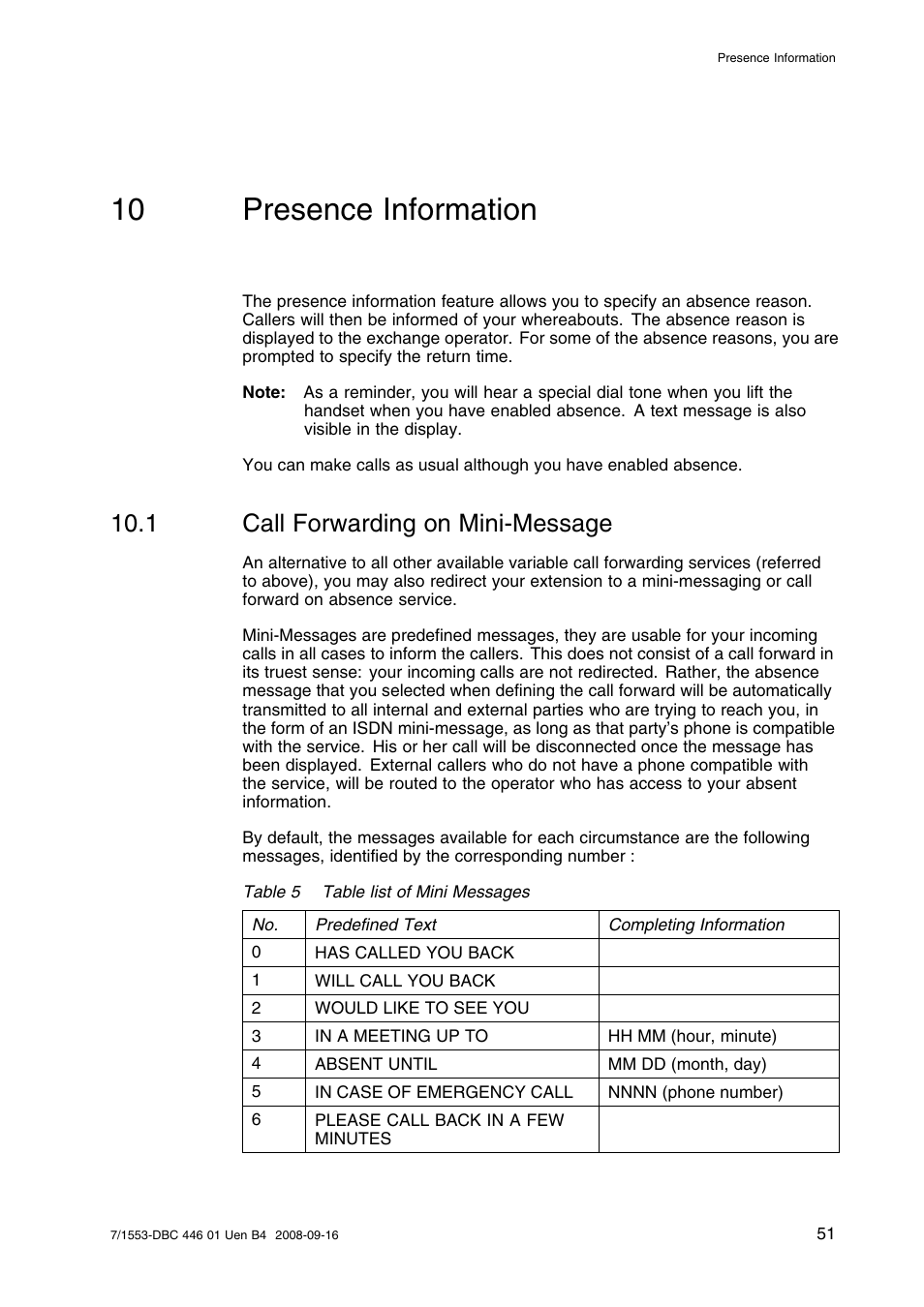 10 presence information, 1 call forwarding on mini-message, Presence information | Call forwarding on mini-message | AASTRA 7446ip (5446ip) for MD Evolution User Guide EN User Manual | Page 57 / 106