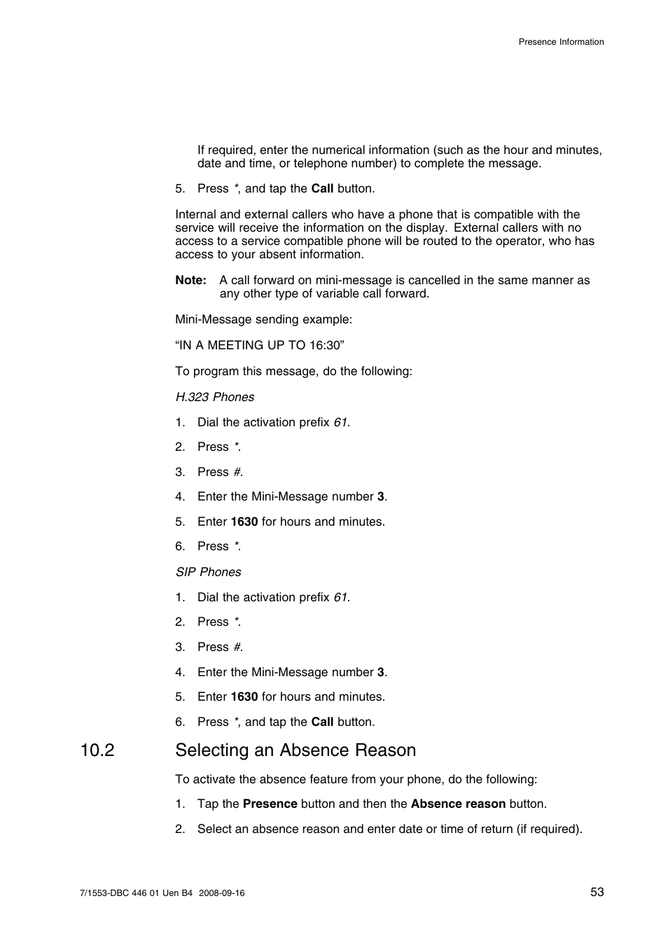 2 selecting an absence reason, Selecting an absence reason | AASTRA 7446ip (5446ip) for MD Evolution User Guide EN User Manual | Page 59 / 106