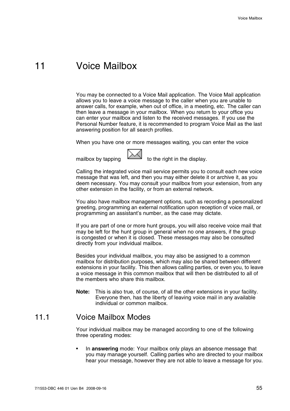 11 voice mailbox, 1 voice mailbox modes, Voice mailbox | Voice mailbox modes | AASTRA 7446ip (5446ip) for MD Evolution User Guide EN User Manual | Page 61 / 106