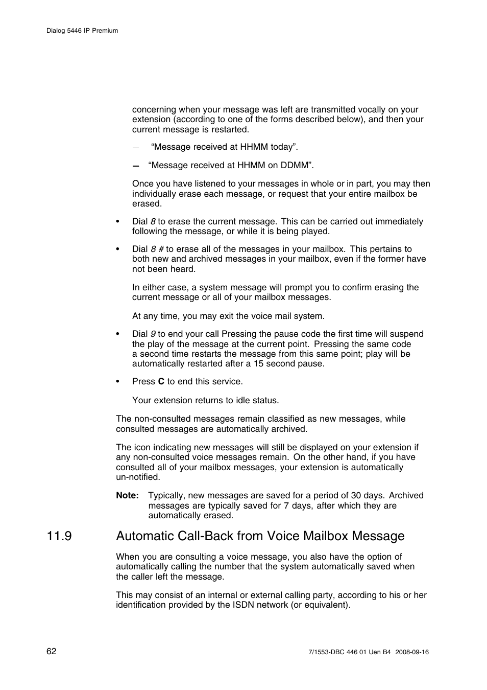 9 automatic call-back from voice mailbox message, Automatic call-back from voice mailbox message | AASTRA 7446ip (5446ip) for MD Evolution User Guide EN User Manual | Page 68 / 106