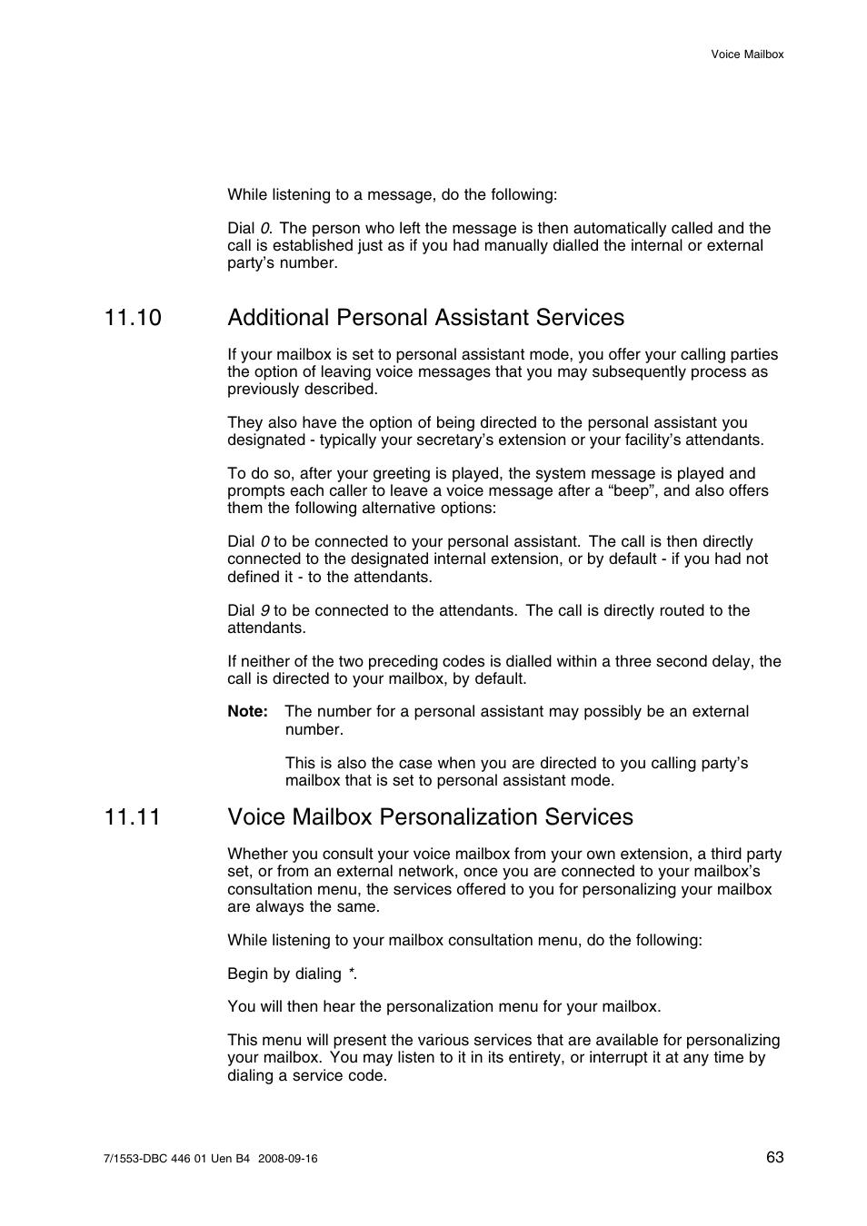 10 additional personal assistant services, 11 voice mailbox personalization services, Additional personal assistant services | Voice mailbox personalization services | AASTRA 7446ip (5446ip) for MD Evolution User Guide EN User Manual | Page 69 / 106