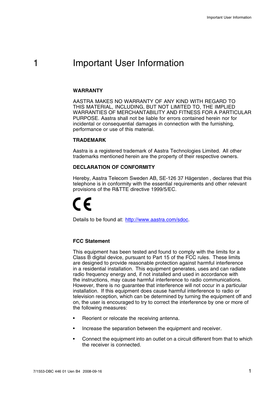 1 important user information, Important user information, 1important user information | AASTRA 7446ip (5446ip) for MD Evolution User Guide EN User Manual | Page 7 / 106