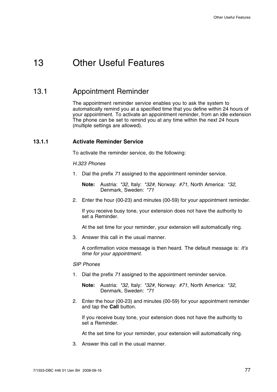 13 other useful features, 1 appointment reminder, 1 activate reminder service | Other useful features, Appointment reminder | AASTRA 7446ip (5446ip) for MD Evolution User Guide EN User Manual | Page 83 / 106
