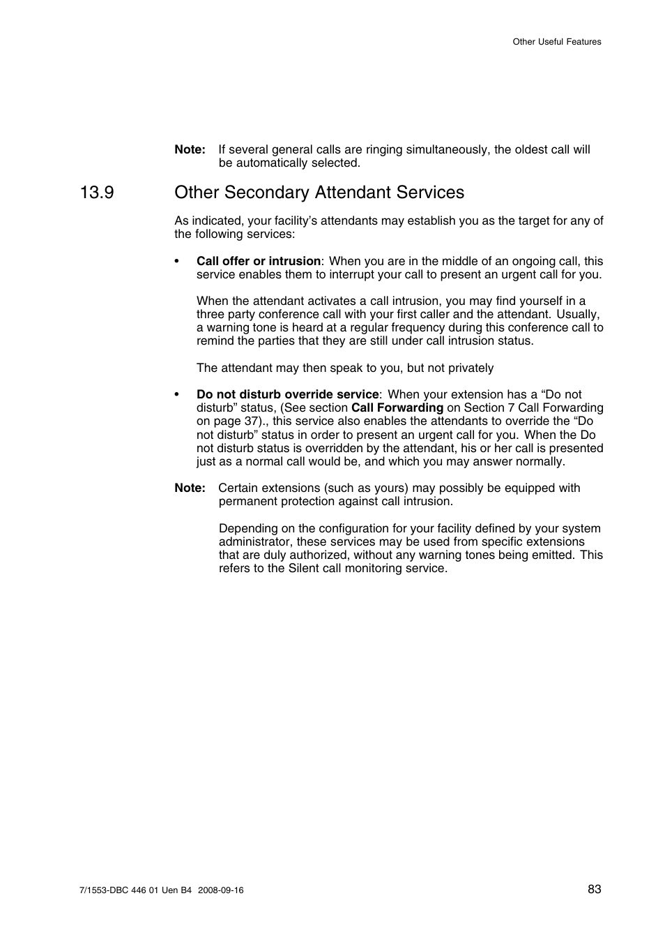 9 other secondary attendant services, Other secondary attendant services | AASTRA 7446ip (5446ip) for MD Evolution User Guide EN User Manual | Page 89 / 106