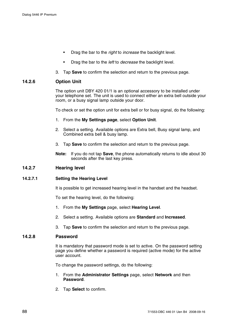 6 option unit, 7 hearing level, 1 setting the hearing level | 8 password | AASTRA 7446ip (5446ip) for MD Evolution User Guide EN User Manual | Page 94 / 106