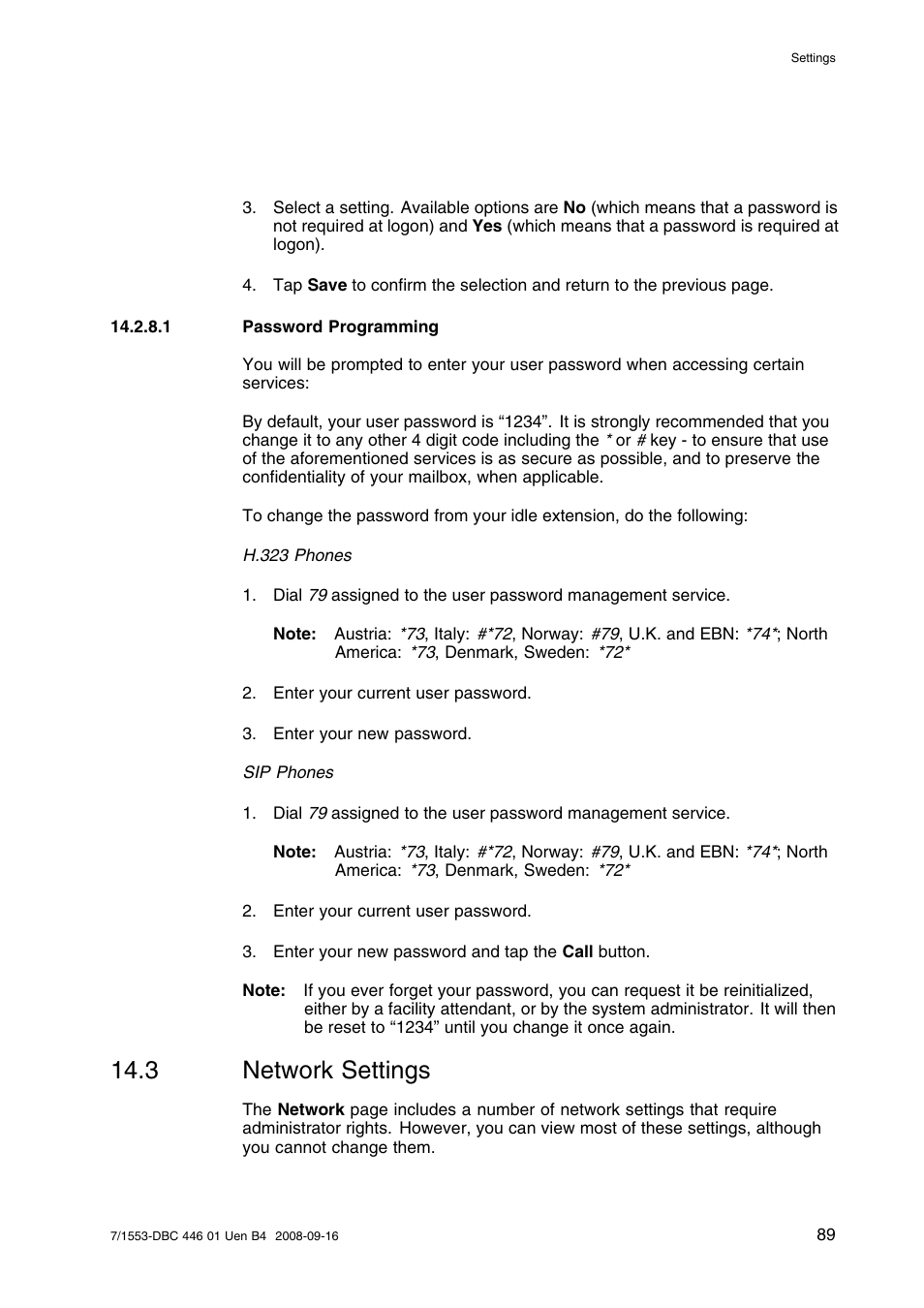 1 password programming, 3 network settings, Network settings | AASTRA 7446ip (5446ip) for MD Evolution User Guide EN User Manual | Page 95 / 106