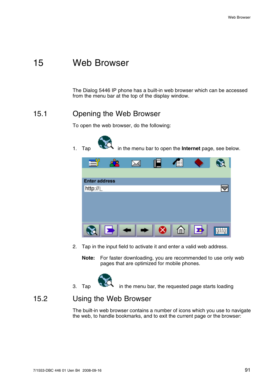 15 web browser, 1 opening the web browser, 2 using the web browser | Web browser, Opening the web browser, Using the web browser | AASTRA 7446ip (5446ip) for MD Evolution User Guide EN User Manual | Page 97 / 106