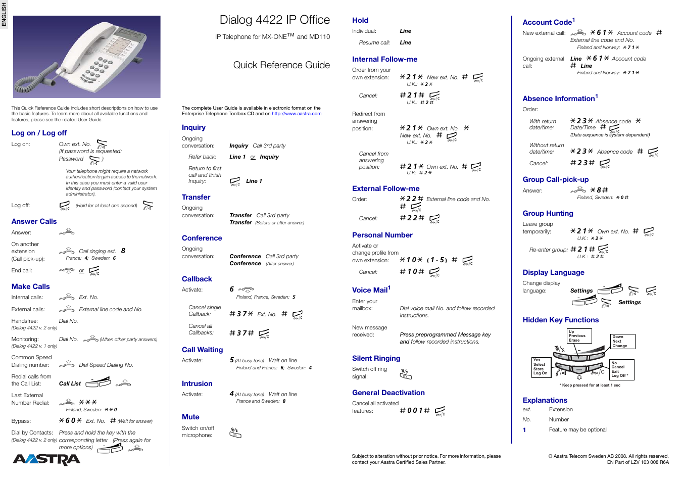 AASTRA 4422 IP Office for MX-ONE Quick Reference Guide User Manual | 1 page