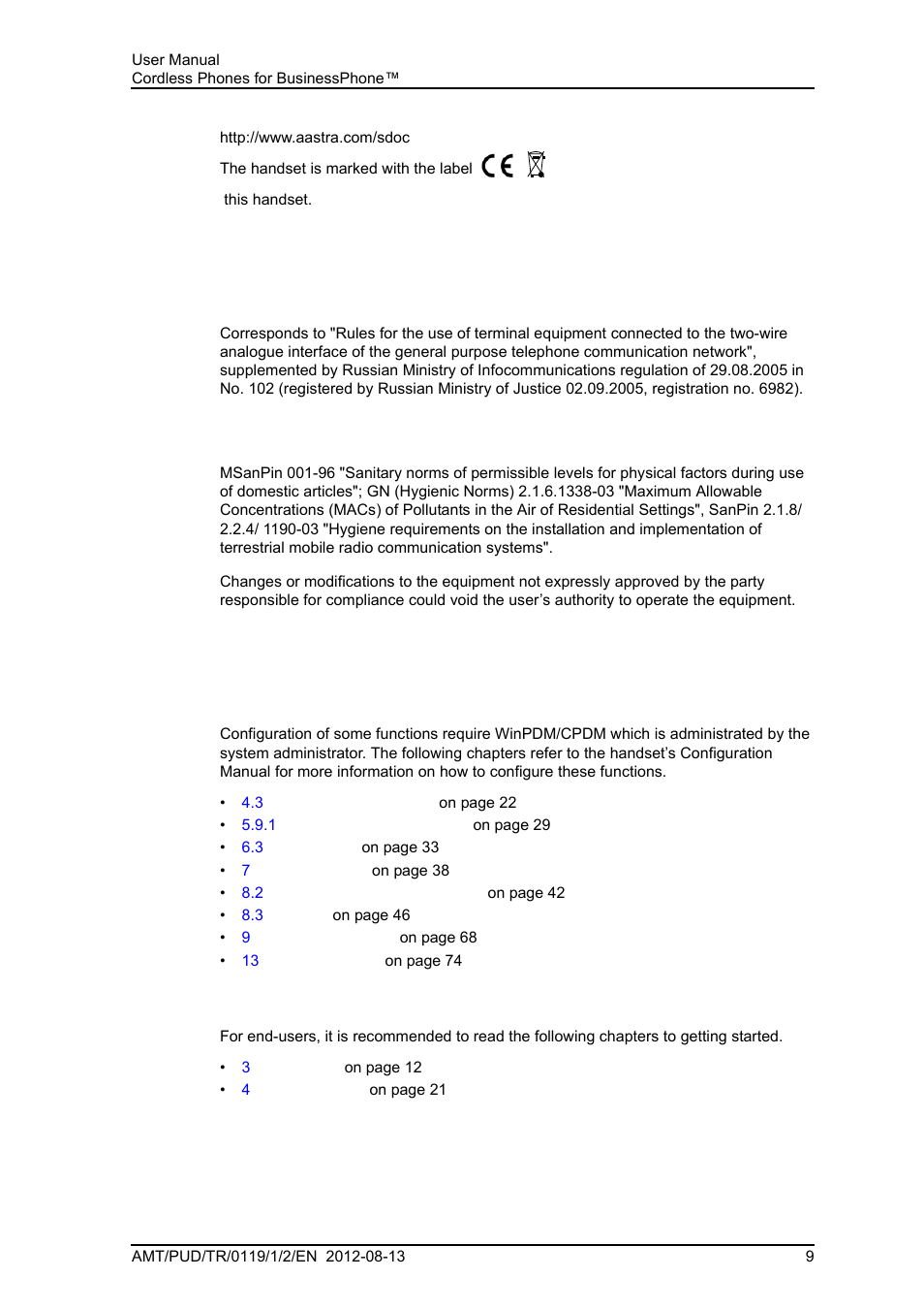 5 regulatory compliance statements (russia only), 6 how to use this document, 1 system administrator | 2 end user | AASTRA DT4x3 for BusinessPhone User Guide EN User Manual | Page 15 / 96
