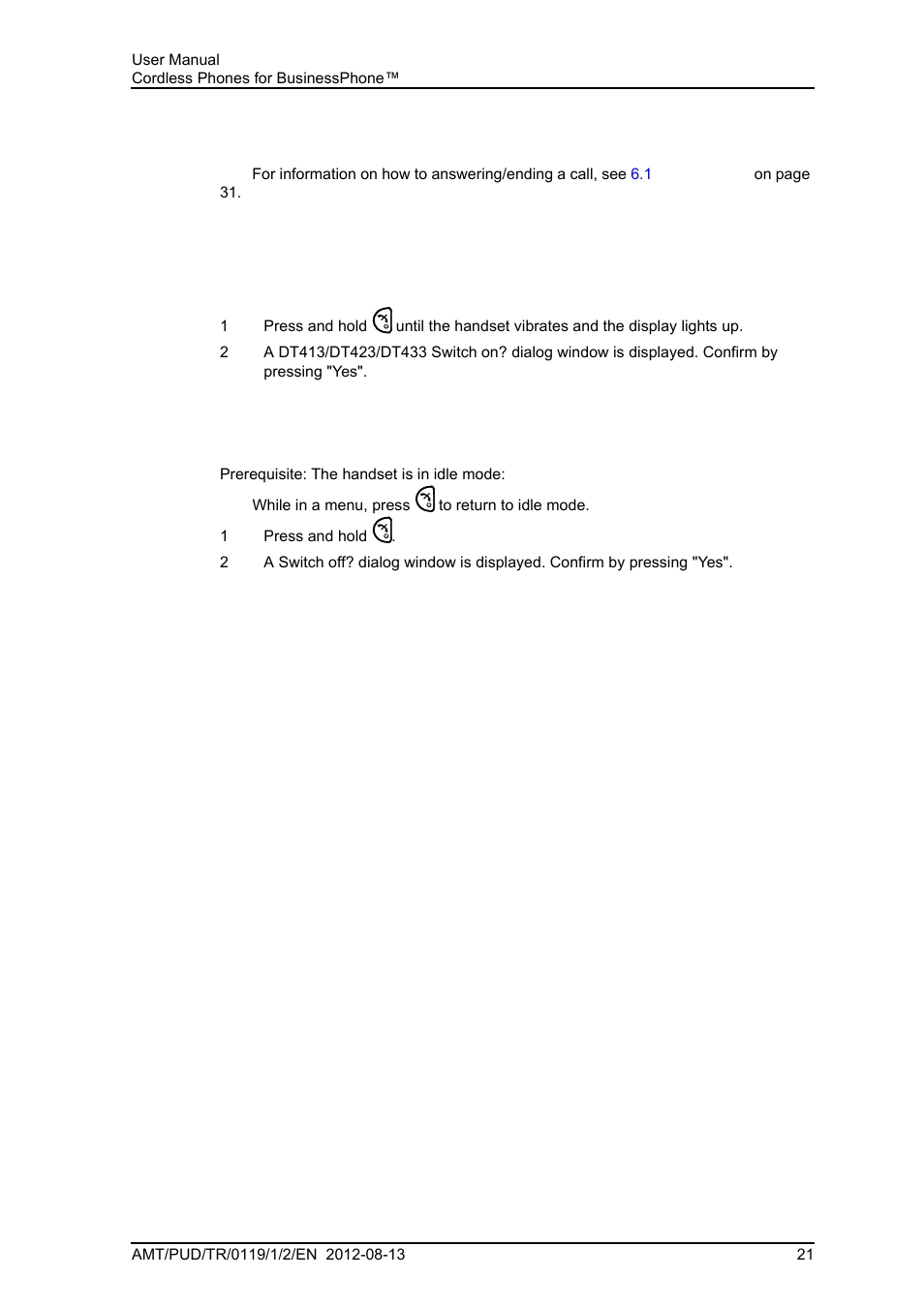 4 basic operation, 1 switch the handset on/off, Basic operation | AASTRA DT4x3 for BusinessPhone User Guide EN User Manual | Page 27 / 96