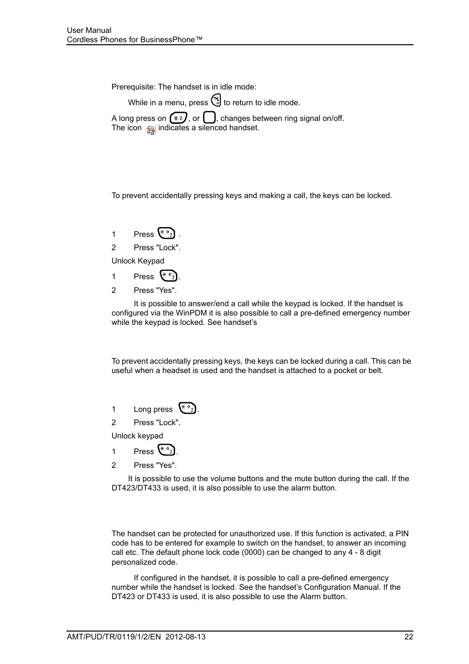 2 turn the audible signal on/off, 3 lock/unlock the keypad, 1 lock/unlock the keypad in idle mode | 2 lock/unlock the keypad during a call, 4 lock/unlock the handset | AASTRA DT4x3 for BusinessPhone User Guide EN User Manual | Page 28 / 96