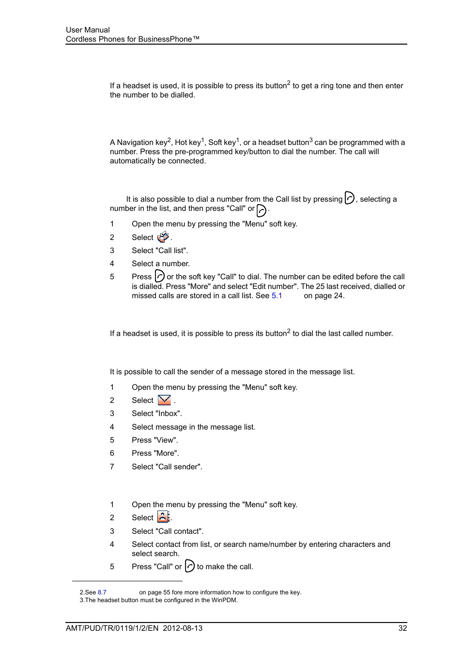 2 post-dial with headset button, 4 dial a number from the call list, 5 dial last called number with headset button | 6 dial the sender of a message, 7 dial a number from the local phonebook, Headset button | AASTRA DT4x3 for BusinessPhone User Guide EN User Manual | Page 38 / 96