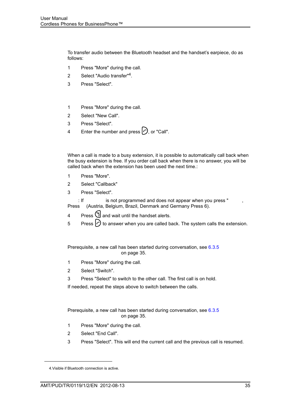 4 audio transfer, 5 start a new call during conversation, 6 callback | 7 switch between calls, 8 end a call | AASTRA DT4x3 for BusinessPhone User Guide EN User Manual | Page 41 / 96