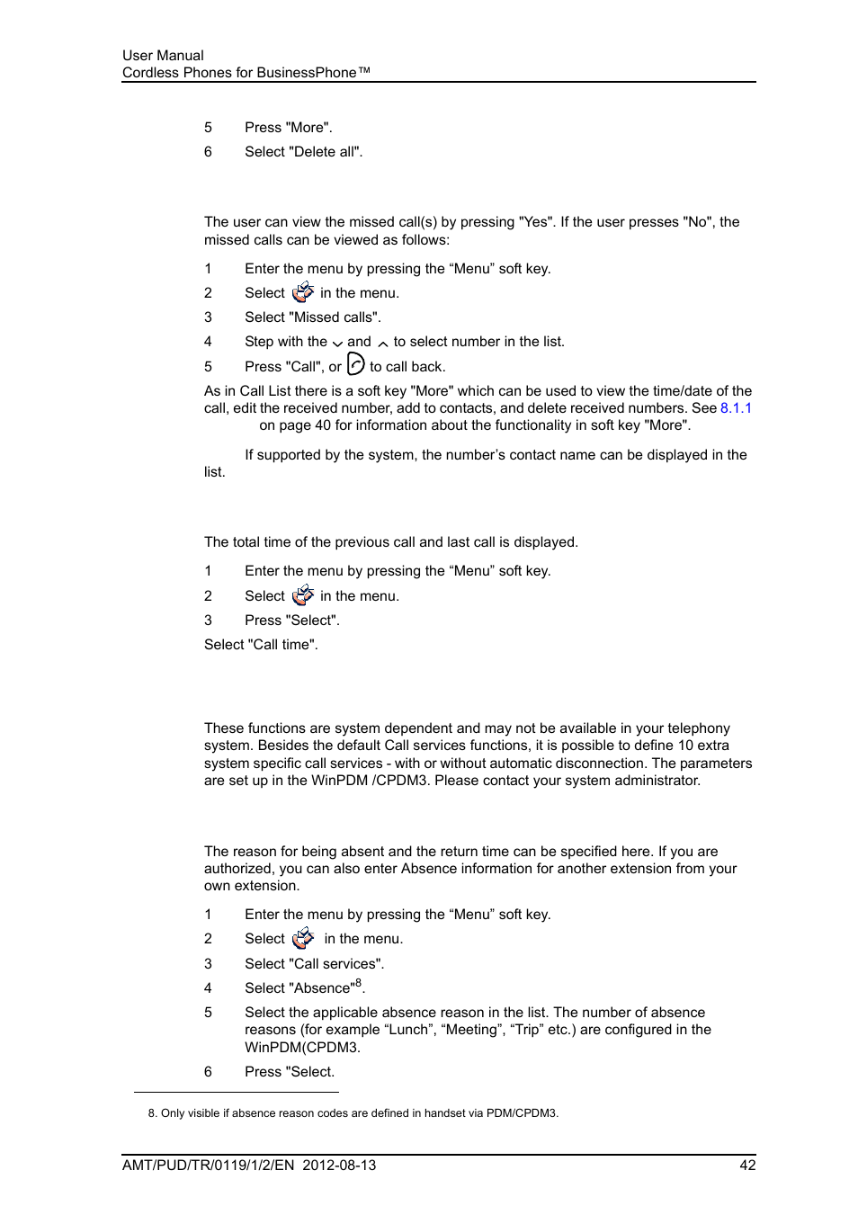 2 missed calls, 3 call time, 2 optional call handling services | 1 absence handling | AASTRA DT4x3 for BusinessPhone User Guide EN User Manual | Page 48 / 96