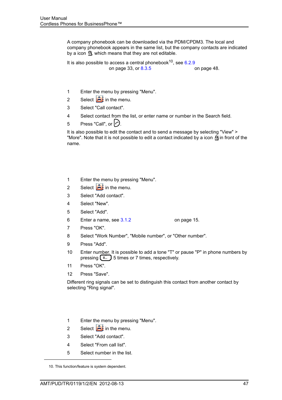 1 call contact, 2 add contact | AASTRA DT4x3 for BusinessPhone User Guide EN User Manual | Page 53 / 96