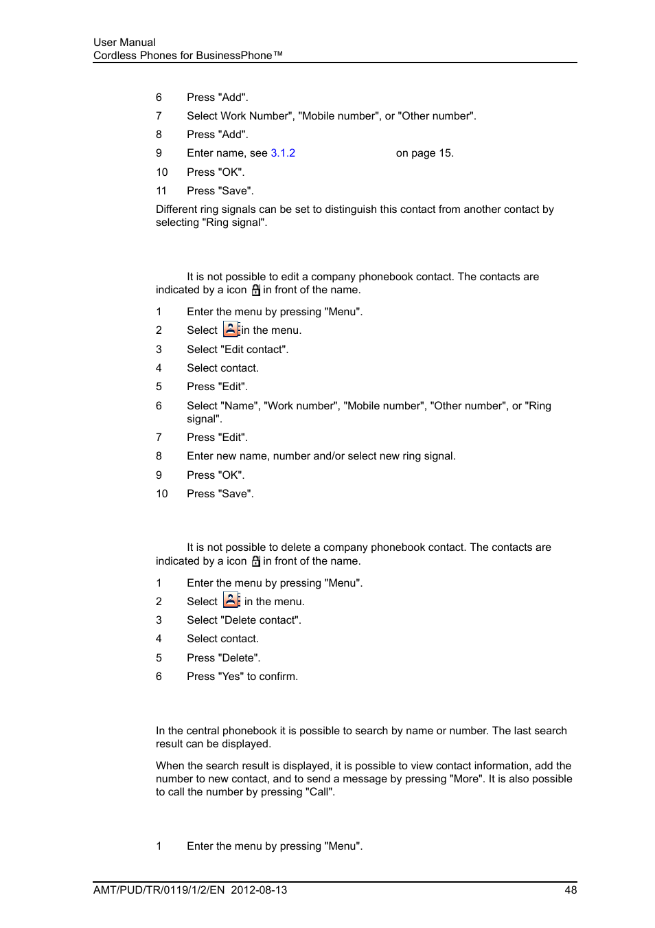 3 edit contact, 4 delete contact, 5 central phonebook | AASTRA DT4x3 for BusinessPhone User Guide EN User Manual | Page 54 / 96