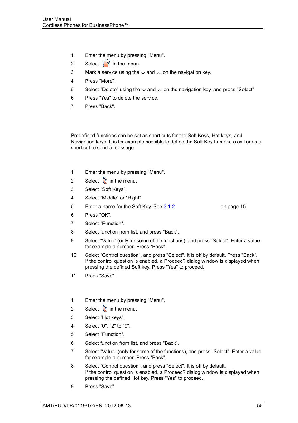 3 delete services, 7 short cuts, 1 define soft keys | 2 define hot keys, Define hot keys | AASTRA DT4x3 for BusinessPhone User Guide EN User Manual | Page 61 / 96
