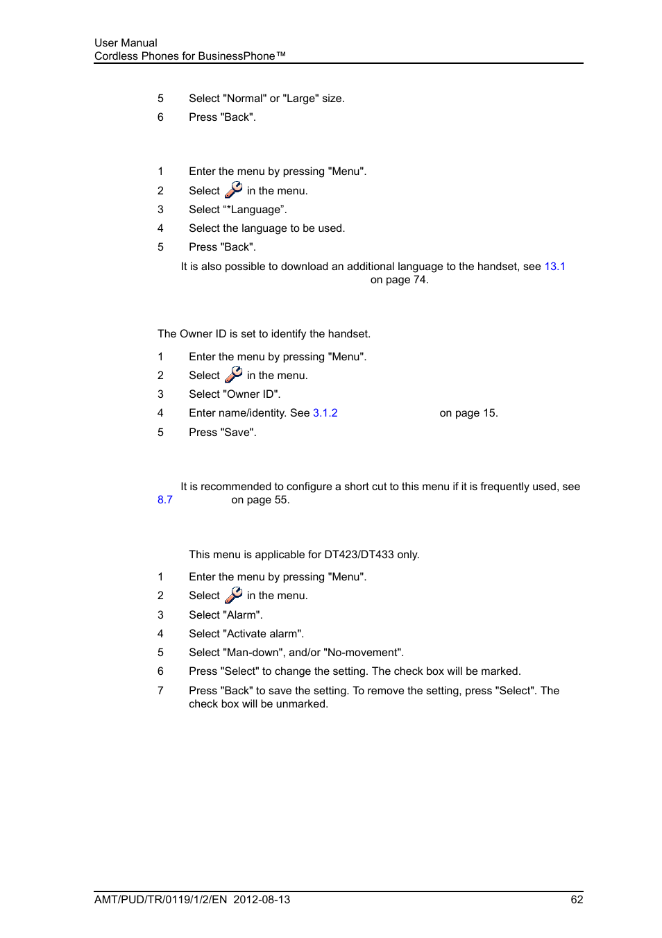 7 change the menu language, 8 change owner id, 9 alarm settings | AASTRA DT4x3 for BusinessPhone User Guide EN User Manual | Page 68 / 96