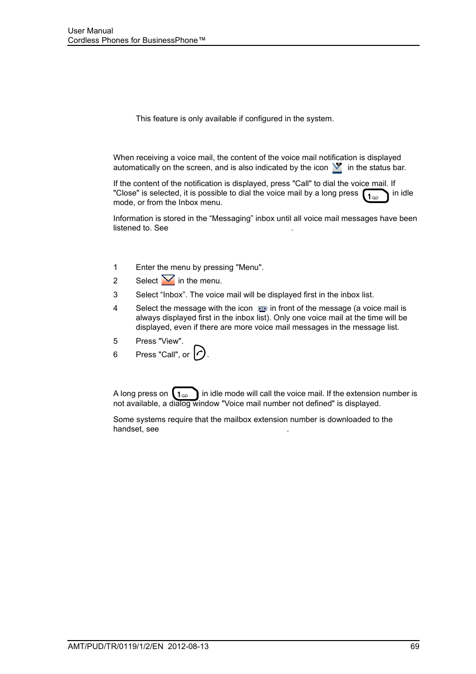 10 enhanced messaging, 1 voice mail, 1 receive a voice mail | 2 check the voice mail inbox, 3 one key voice mail access, Ice mail. see also, 1 voice, Mail | AASTRA DT4x3 for BusinessPhone User Guide EN User Manual | Page 75 / 96