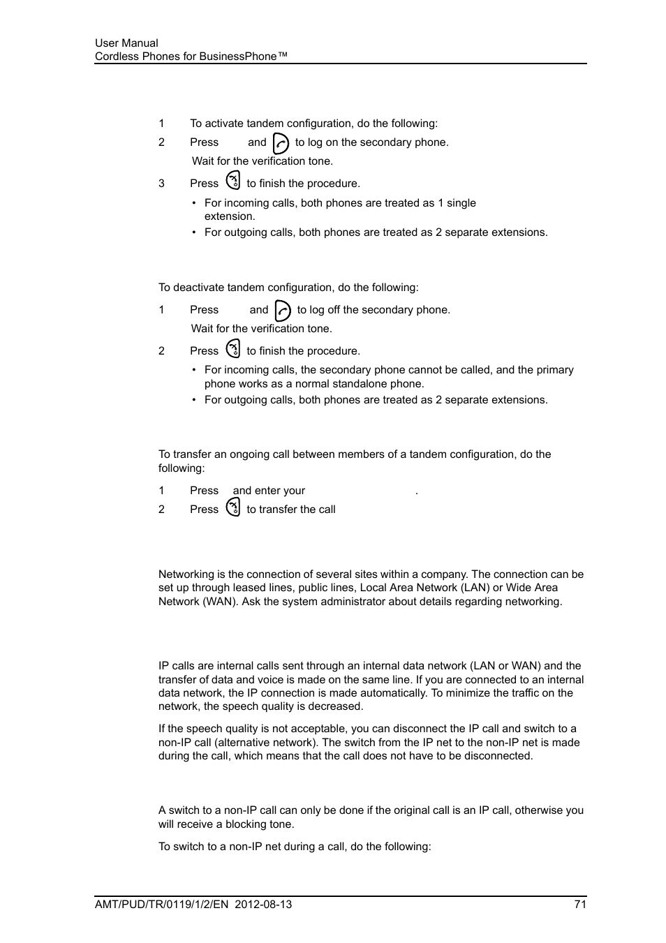 1 activating tandem configuration, 2 deactivating tandem configuration, 4 networking | 5 ip calls, 1 switching to a non-ip net during a call | AASTRA DT4x3 for BusinessPhone User Guide EN User Manual | Page 77 / 96