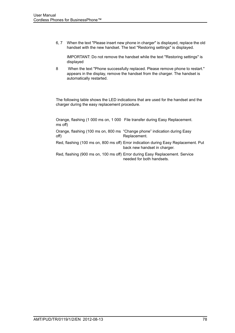 Led indications during easy, Replacement | AASTRA DT4x3 for BusinessPhone User Guide EN User Manual | Page 84 / 96