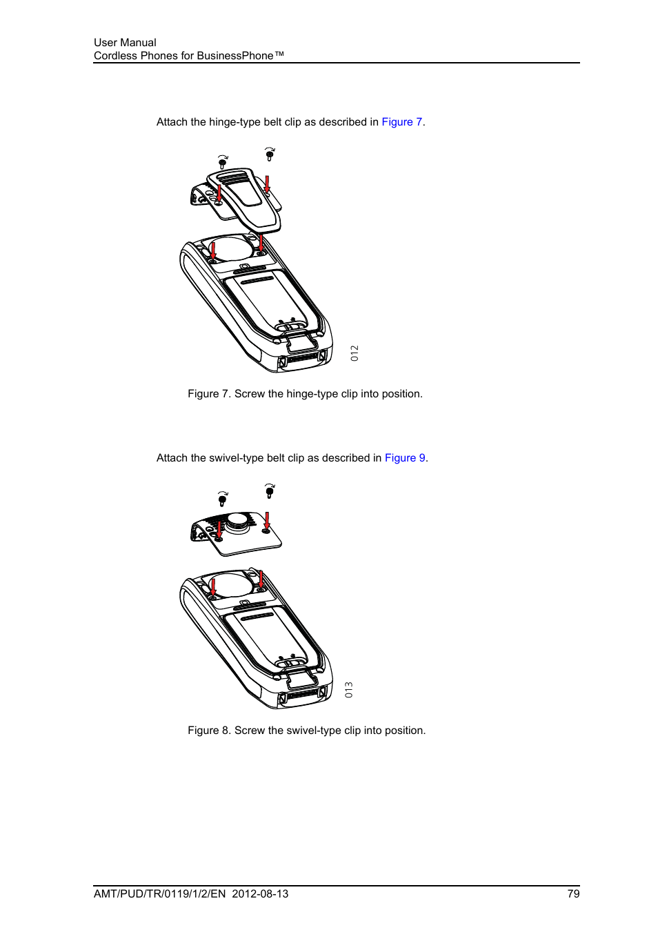 3 attach the hinge-type clip, 4 attach the swivel-type clip, Attach the hinge-type clip | Attach the swivel-type clip | AASTRA DT4x3 for BusinessPhone User Guide EN User Manual | Page 85 / 96