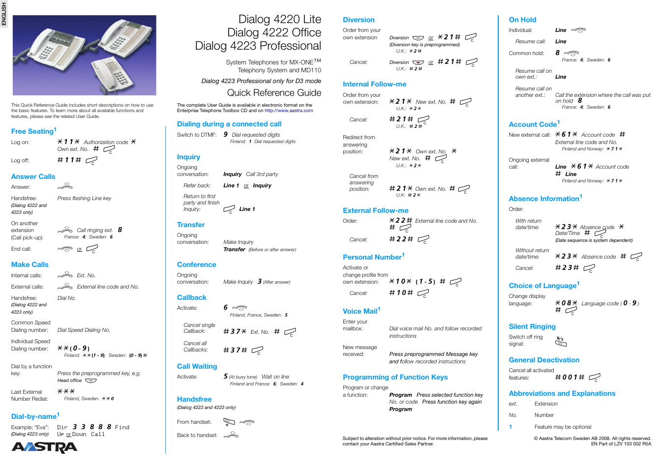 AASTRA 4223 Professional for MX-ONE Quick Reference Guide EN User Manual | 1 page