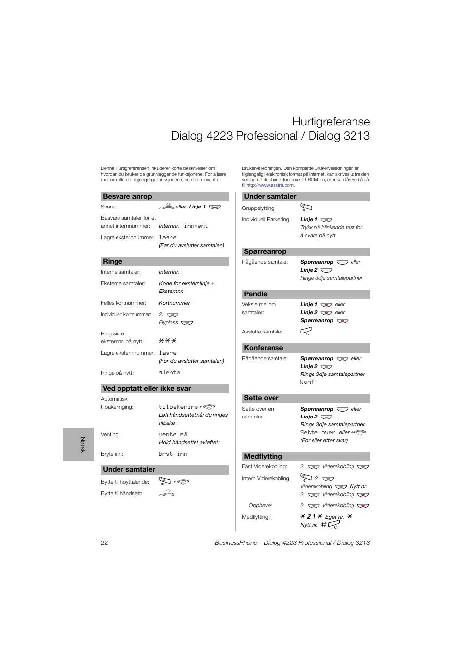 AASTRA 4223 Professional for BusinessPhone Quick Reference Guide User Manual | Page 22 / 40