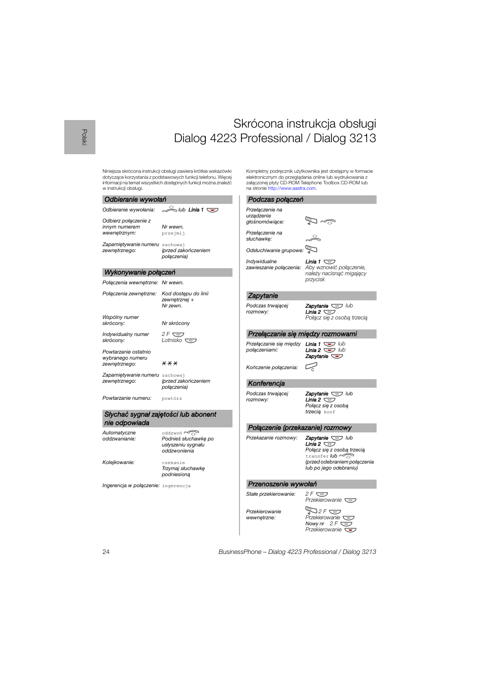 AASTRA 4223 Professional for BusinessPhone Quick Reference Guide User Manual | Page 24 / 40