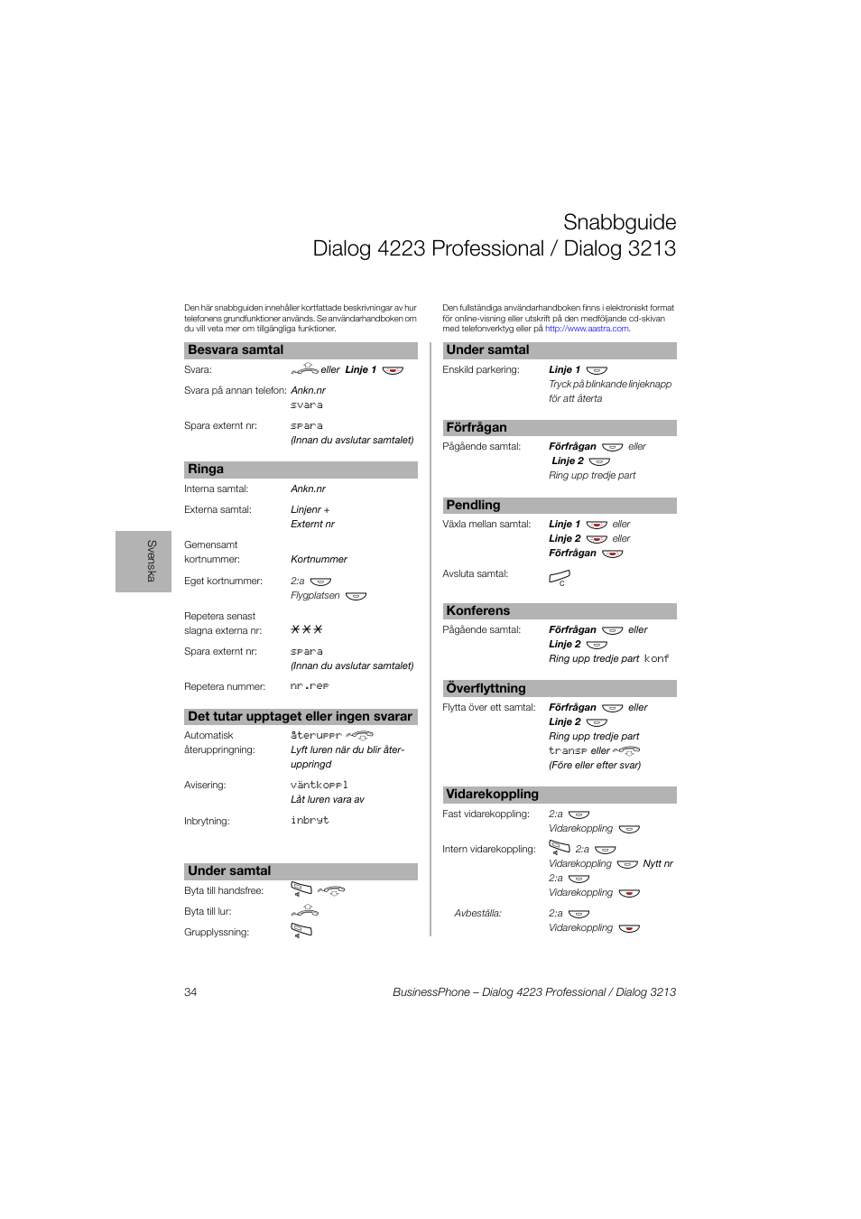 Snabbguide dialog4223professional/dialog3213 | AASTRA 4223 Professional for BusinessPhone Quick Reference Guide User Manual | Page 34 / 40