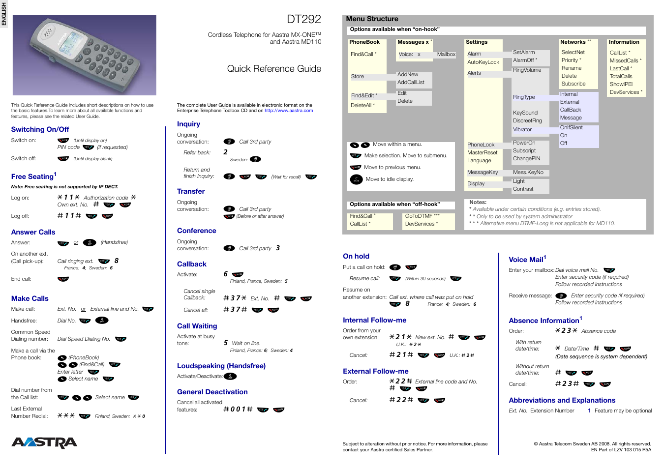 AASTRA DT292 for MX-ONE Quick Reference Guide EN User Manual | 1 page