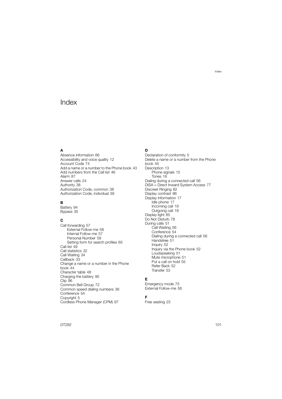 Index | AASTRA DT292 for MX-ONE User Guide EN User Manual | Page 101 / 104