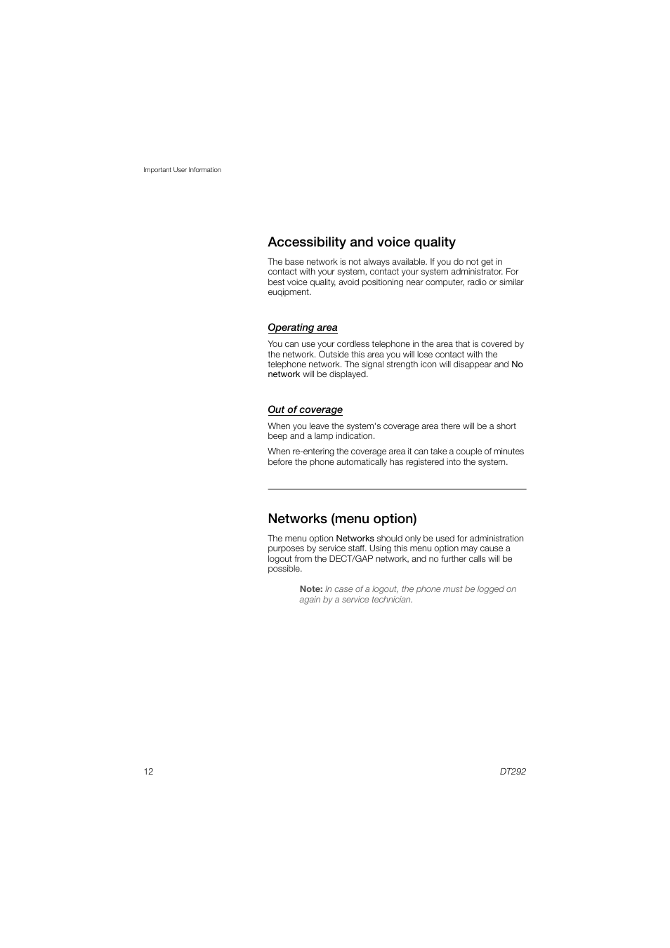 Accessibility and voice quality, Networks (menu option) | AASTRA DT292 for MX-ONE User Guide EN User Manual | Page 12 / 104