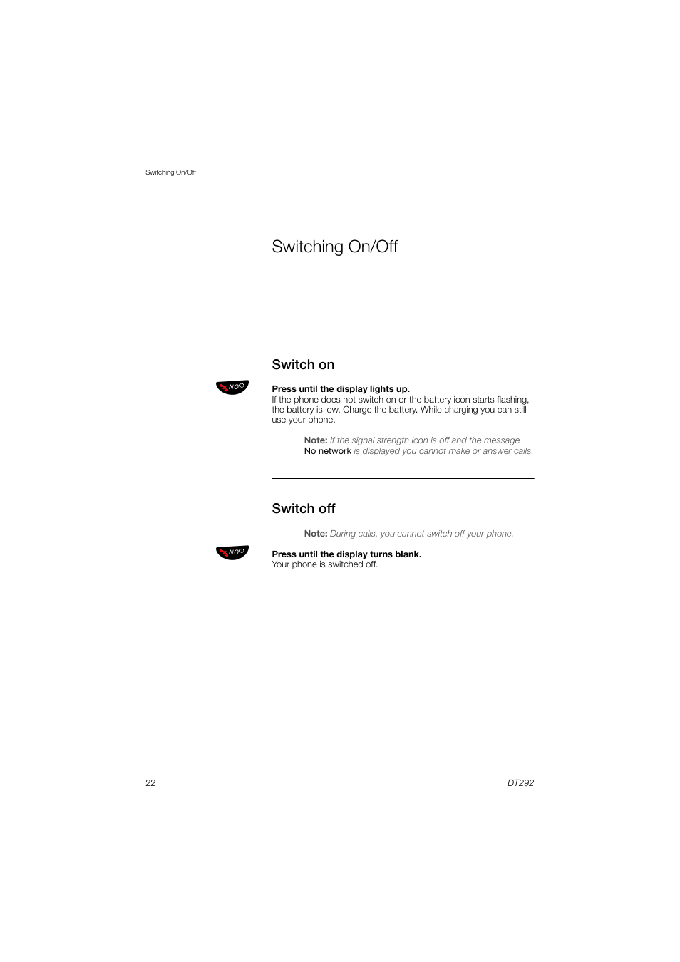 Switching on/off, Switch on, Switch off | AASTRA DT292 for MX-ONE User Guide EN User Manual | Page 22 / 104