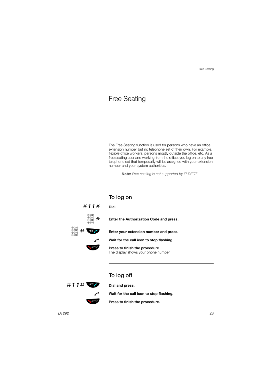 Free seating, To log on, To log off | Z # ь ы, 11# ь ы | AASTRA DT292 for MX-ONE User Guide EN User Manual | Page 23 / 104