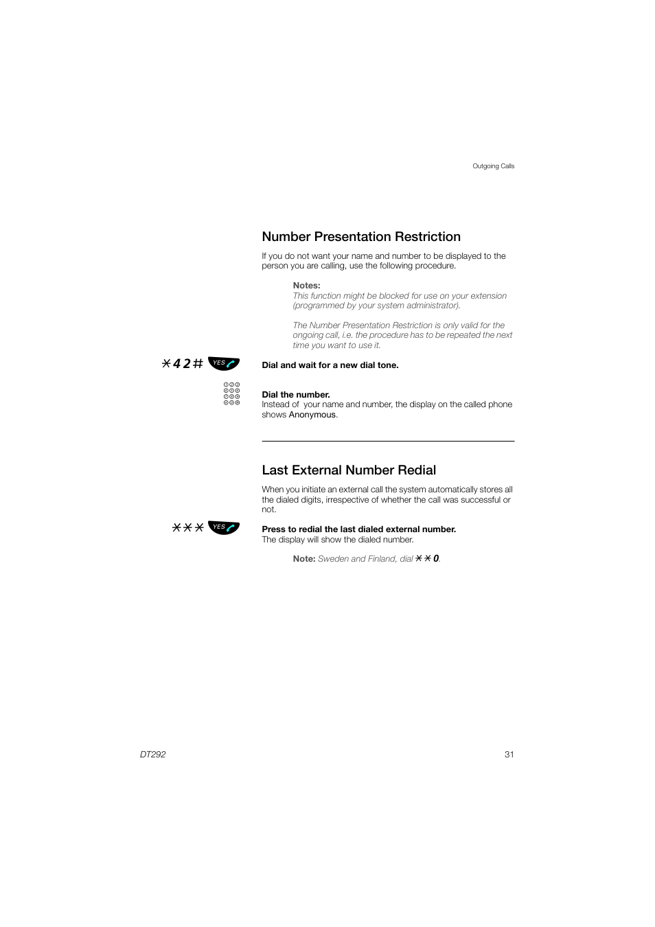 Number presentation restriction, Last external number redial, 42# ь ы | AASTRA DT292 for MX-ONE User Guide EN User Manual | Page 31 / 104