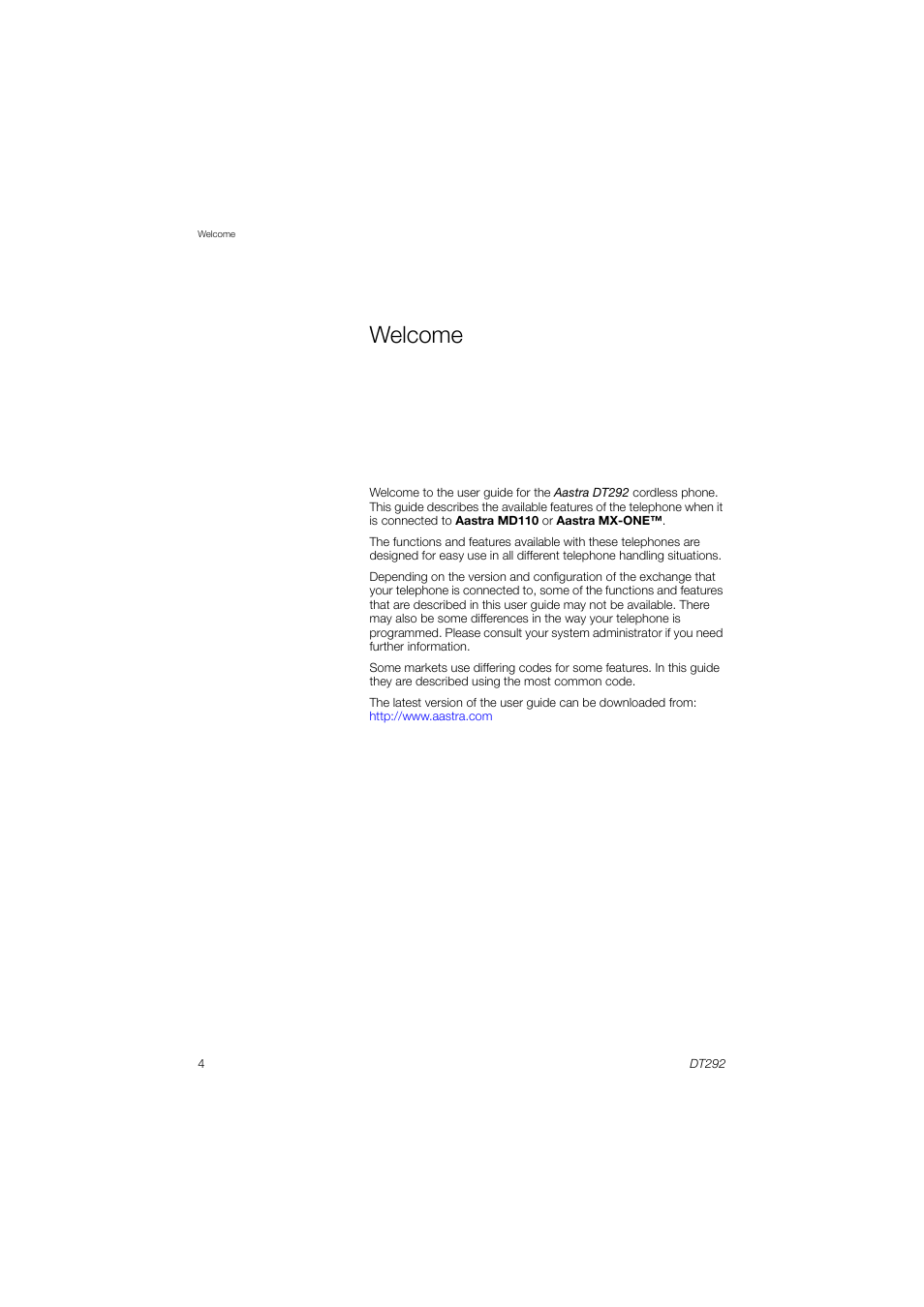 Welcome | AASTRA DT292 for MX-ONE User Guide EN User Manual | Page 4 / 104