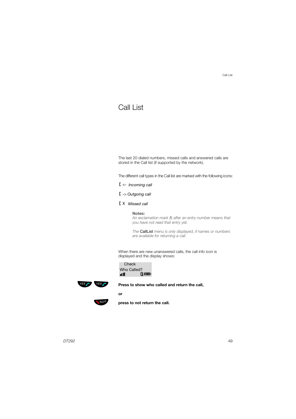 Call list, Call, List | Ьы ь ы | AASTRA DT292 for MX-ONE User Guide EN User Manual | Page 49 / 104