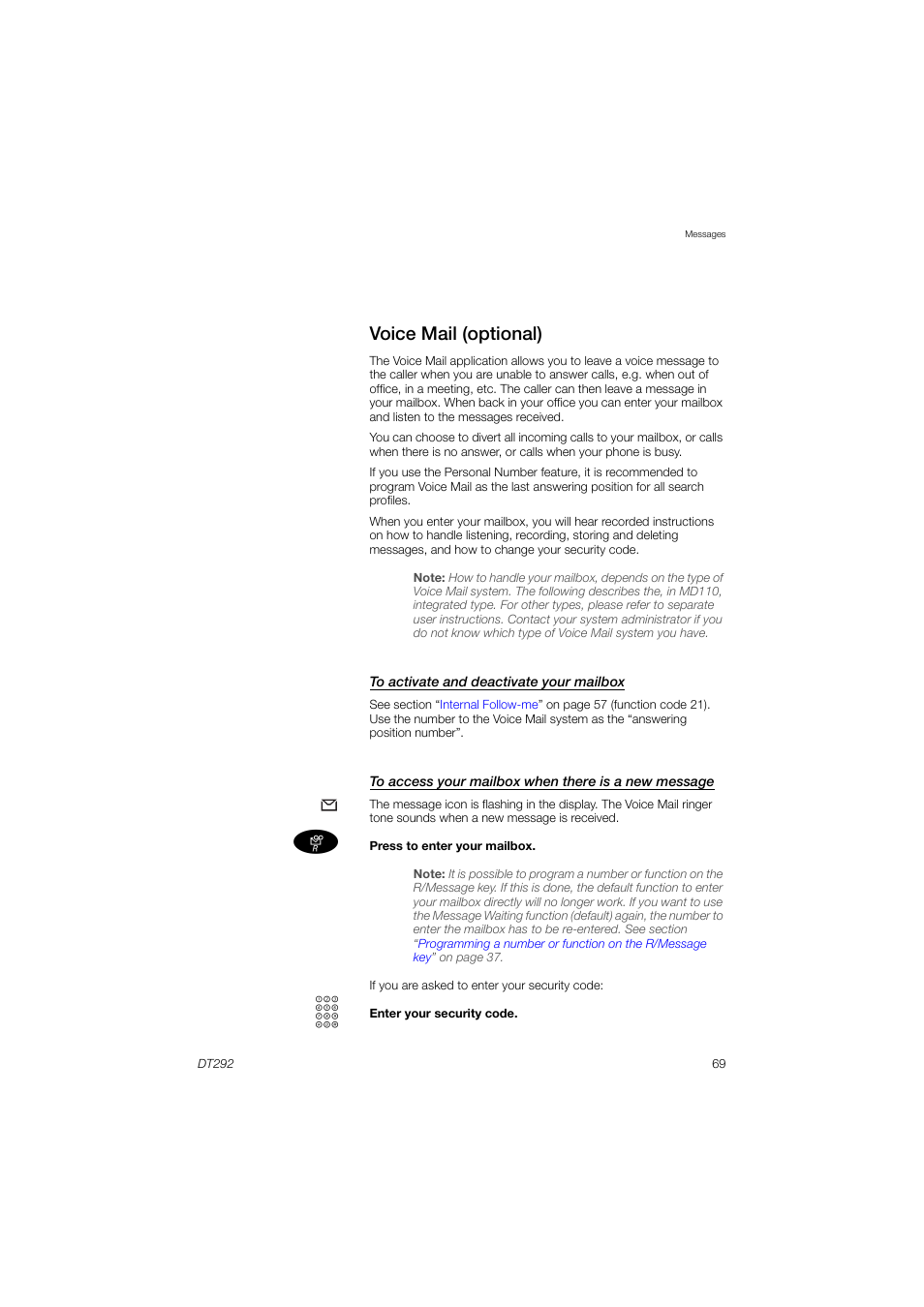 Voice mail (optional) | AASTRA DT292 for MX-ONE User Guide EN User Manual | Page 69 / 104