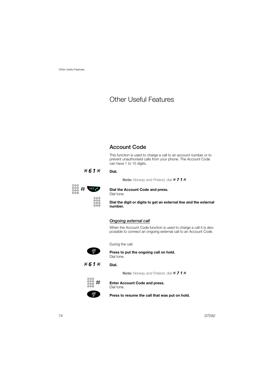 Other useful features, Account code, Z # ь ы | AASTRA DT292 for MX-ONE User Guide EN User Manual | Page 74 / 104