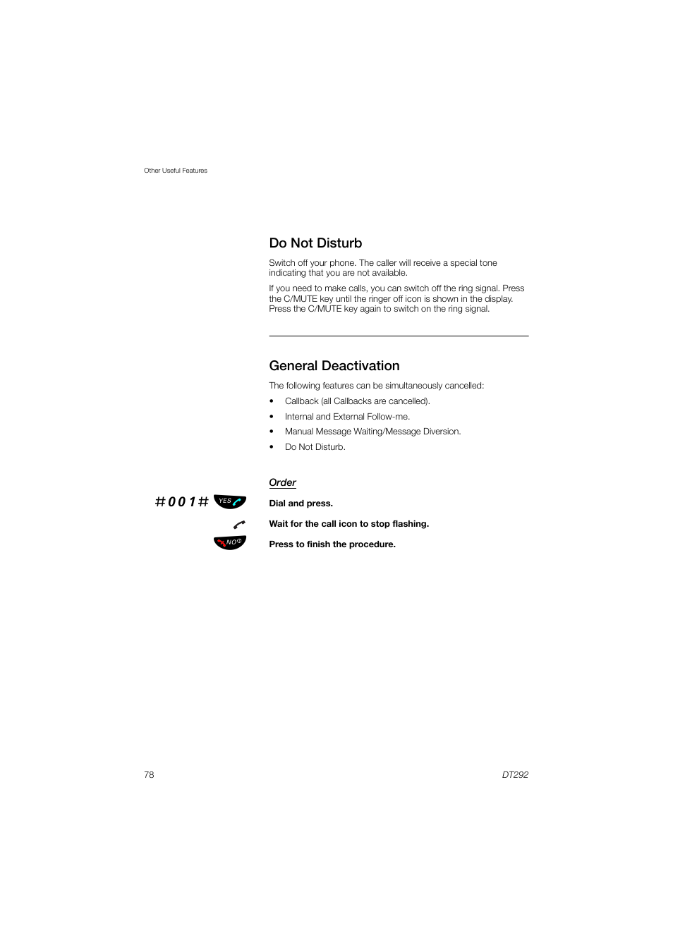 Do not disturb, General deactivation, 001# ь ы | AASTRA DT292 for MX-ONE User Guide EN User Manual | Page 78 / 104