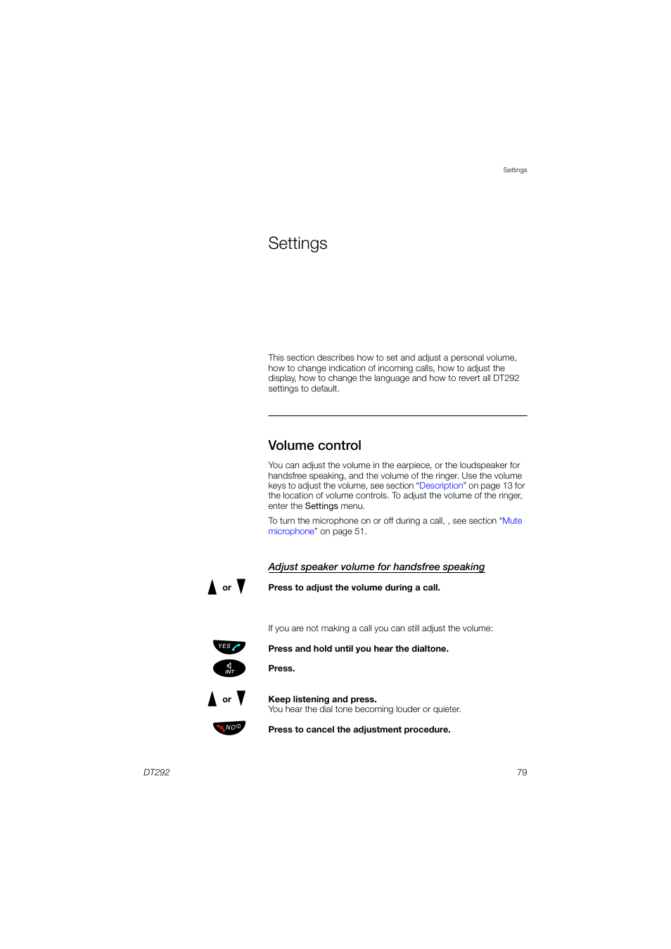 Settings, Volume control, Section | AASTRA DT292 for MX-ONE User Guide EN User Manual | Page 79 / 104