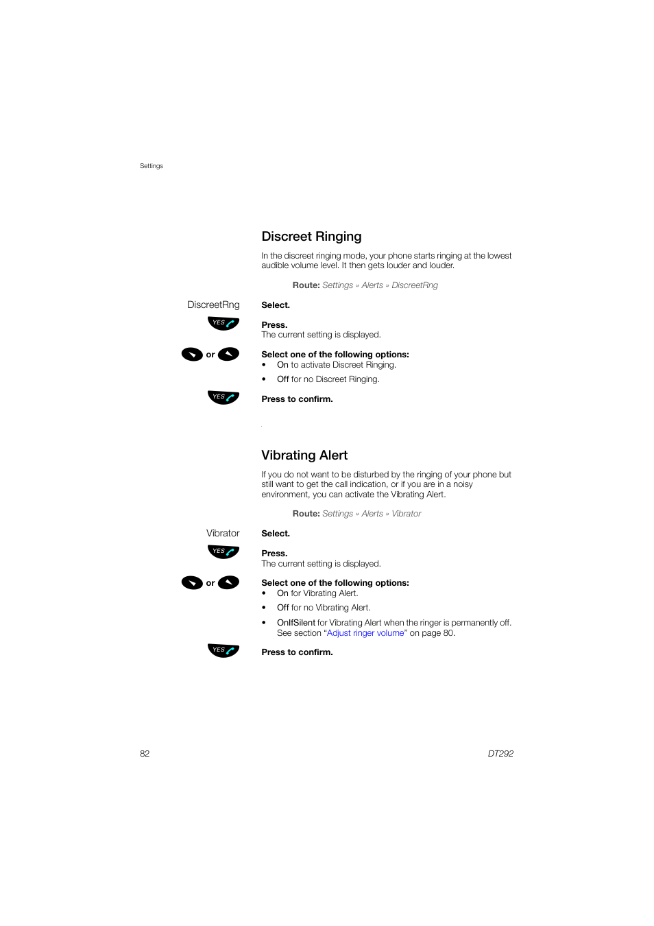 Discreet ringing, Vibrating alert, Ction | AASTRA DT292 for MX-ONE User Guide EN User Manual | Page 82 / 104
