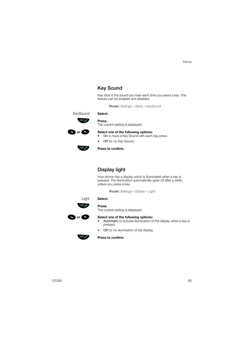 Key sound, Display light | AASTRA DT292 for MX-ONE User Guide EN User Manual | Page 85 / 104