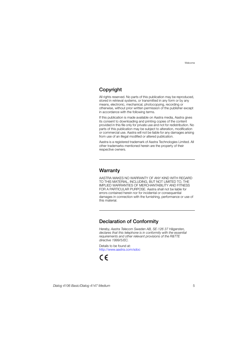 Copyright, Warranty, Declaration of conformity | AASTRA 4147 Medium for MX-ONE (TSW) User Guide EN User Manual | Page 5 / 84