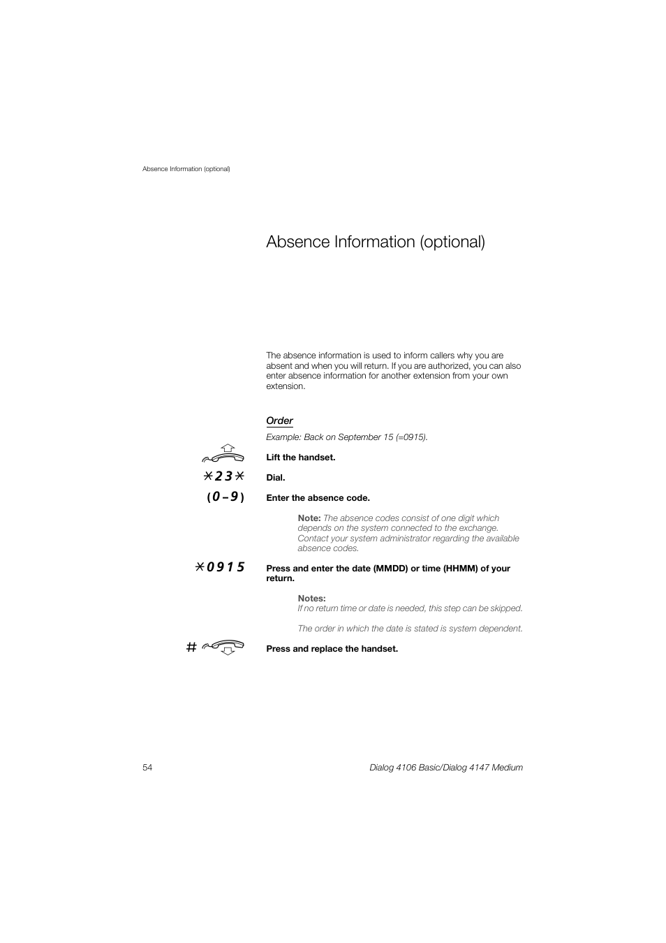 Absence information (optional) | AASTRA 4147 Medium for MX-ONE (TSW) User Guide EN User Manual | Page 54 / 84