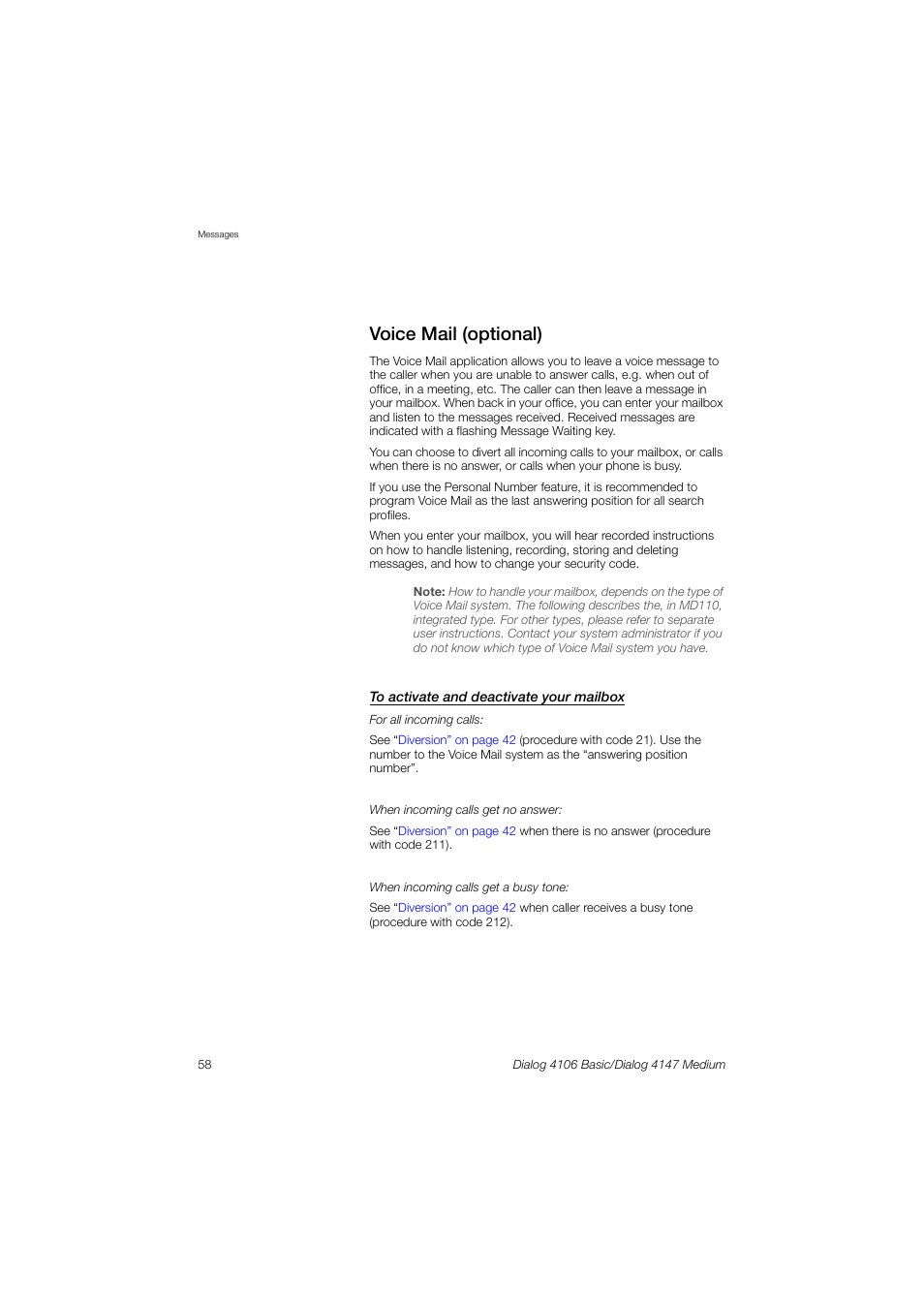 Voice mail (optional) | AASTRA 4147 Medium for MX-ONE (TSW) User Guide EN User Manual | Page 58 / 84