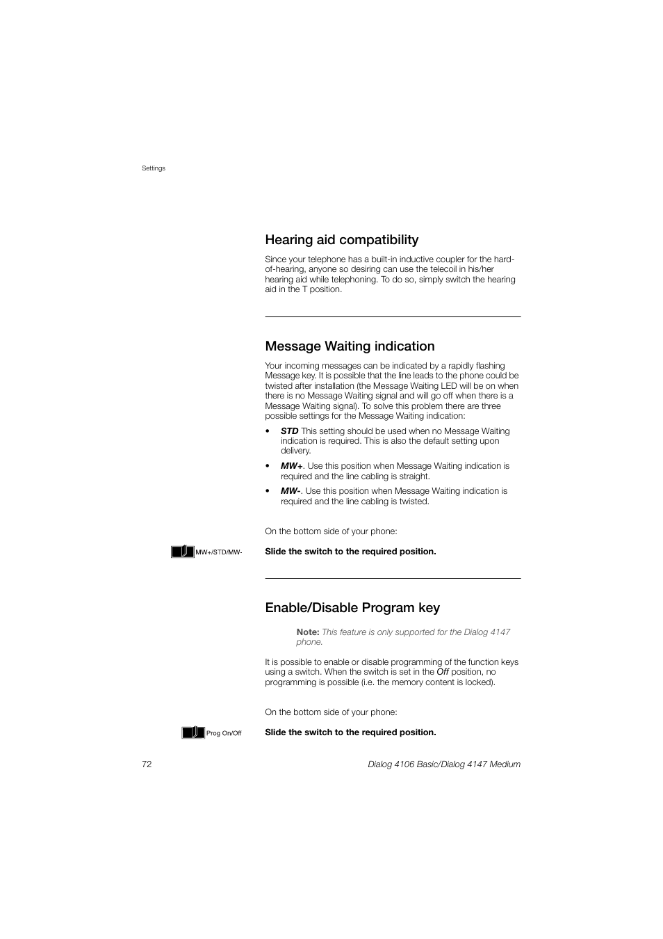 Hearing aid compatibility, Message waiting indication, Enable/disable program key | AASTRA 4147 Medium for MX-ONE (TSW) User Guide EN User Manual | Page 72 / 84