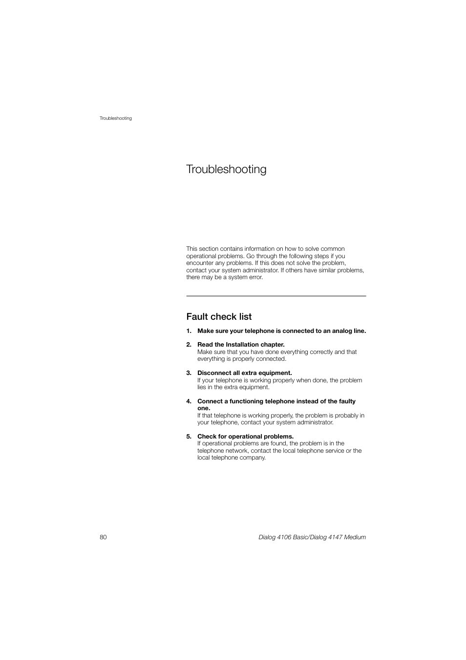 Troubleshooting, Fault check list | AASTRA 4147 Medium for MX-ONE (TSW) User Guide EN User Manual | Page 80 / 84